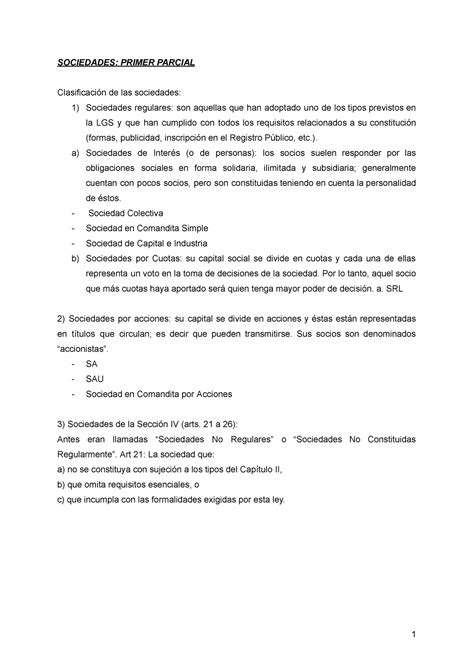 Sociedades Primer Parcial SOCIEDADES PRIMER PARCIAL Clasificación de