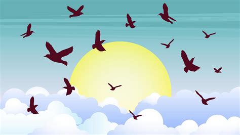 Flock Of Birds Flying In The Sky With Clouds And Sun Vector