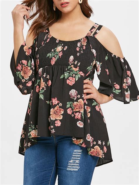 Plus Size Open Shoulder Floral High Low Blouse In 2020 Plus Size