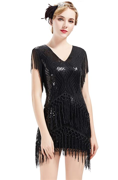 S Flapper Dress Long Fringed Gatsby Dress Roaring S Sequins