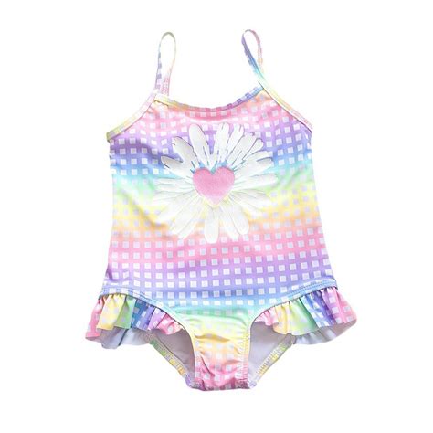 Pingchzery Girls Swimwear 2024 Peachheart Print Check Girls Swimsuit