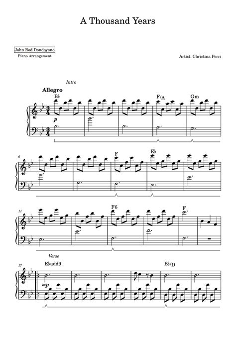 Christina Perri A Thousand Years Piano Sheet By John Rod Dondoyano Sheet