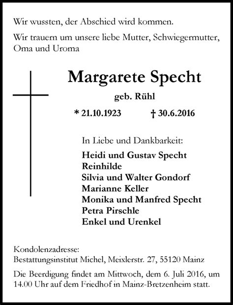 Traueranzeigen Von Margarete Specht Vrm Trauer De