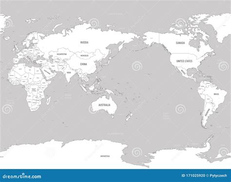 Mapa Mundial Ásia Austrália E Oceano Pacífico Centrado Terras Brancas E água Cinzenta Mapa