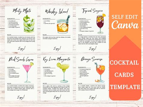 DIY Cocktail Recipe Card Canva Template Printable Drink Cards Editable