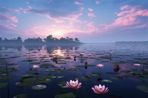 Premium Ai Image Dawn S Reflection Serene Lotus Pond Tranquil Sanctuary