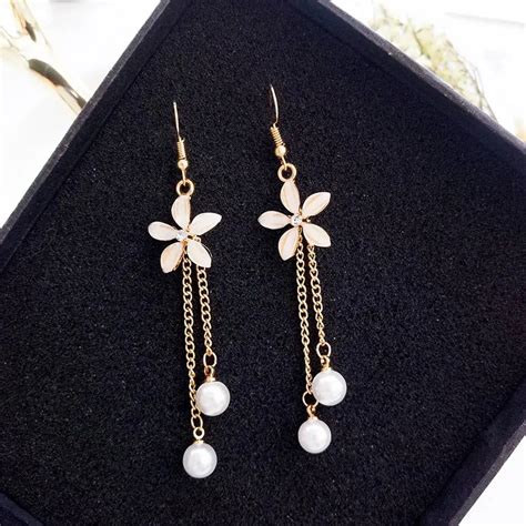 2018 1pair Vintage Flower Tassel Fringe Earrings Big Pearl Women Drop Dangle Earrings Jewelry In