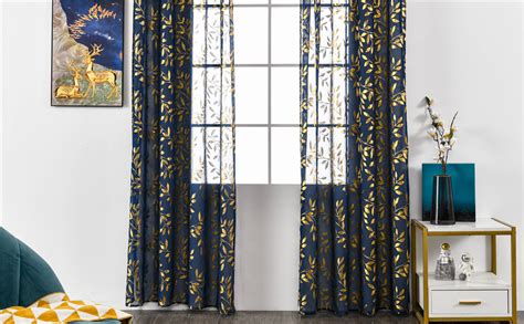 Deeprove Semi Sheer Curtains 84 Inches Long 2 Panels Set Gold Foil Metallic Vine Leaves Print