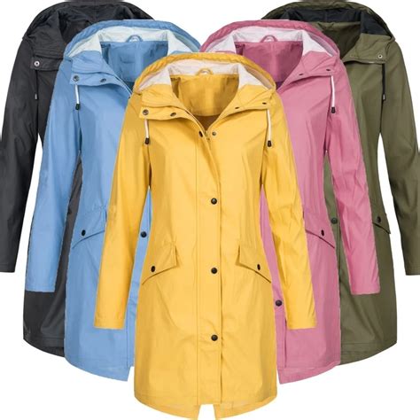 Plus Size Waterproof Solid Colour Jacket Ladies Hooded Classic Softshell Raincoat Outdoor Coat ...