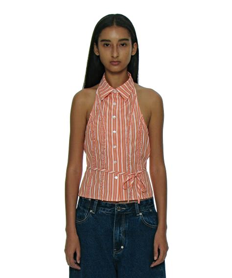 Musinsa Partimento Women Frill Trim Halter Neck Shirt Coral