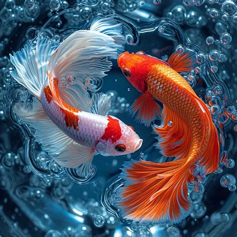 Two Orange And White Fish Swimming In A Bowl Of Water In 2024 Koi