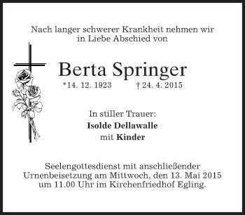 Traueranzeigen Von Berta Springer Trauer Merkur De