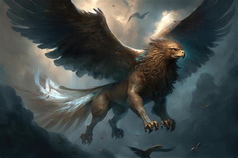 Premium AI Image Griffin Soaring Through The Clouds Its Wings Spread Wide