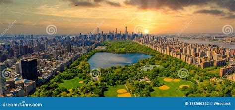 Aerial View of the Central Park in New York during Sunset Stock Photo ...