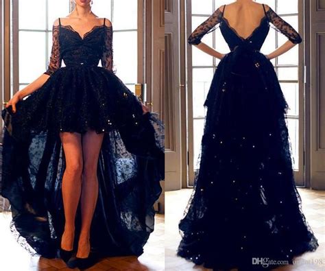 Sexy Black High Low Prom Dress 2017 Half Sleeve V Neck Open Back Lace