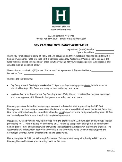 Fillable Online Dry Camping Occupancy Agreement Fax Email Print Pdffiller