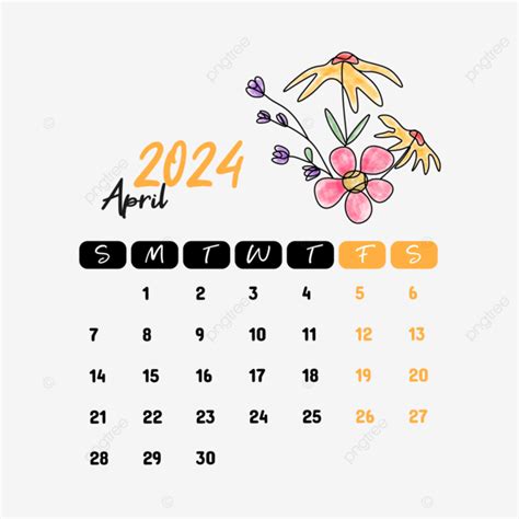 2024년 4월 꽃 달력 벡터 4월 꽃 달력 달력 2024 2024년 4월 달력 Png 일러스트 및 벡터 에 대한 무료