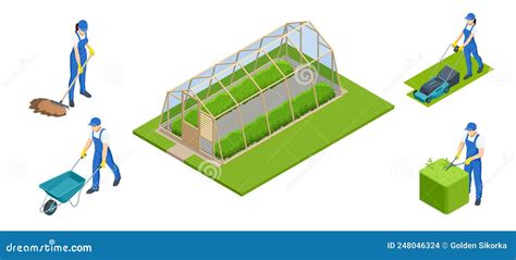 Isometric Gardeners Farmers Work In Garden People In Farming Rural