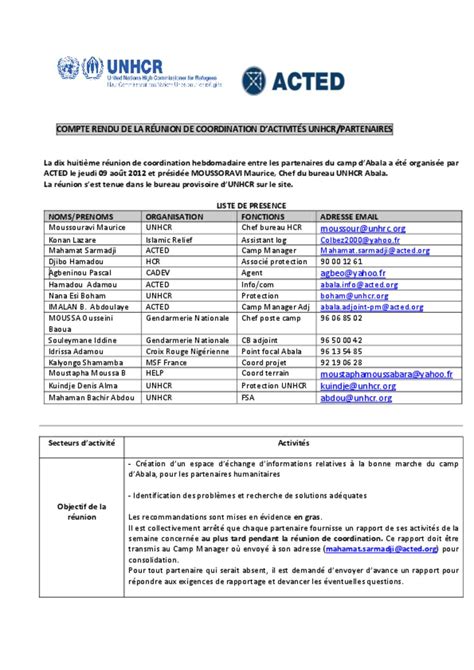 Document COMPTE RENDU DE LA RÉUNION DE COORDINATION DACTIVITÉS UNHCR