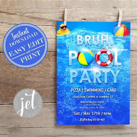 Pool Party Birthday Invitation 5x7 Splash Birthday Party Swimming Pool