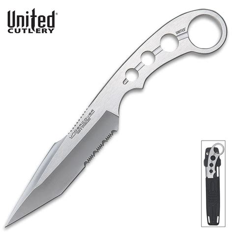 AUS6 Skeletonized Self Defense Knife w/ Hard Sheath - Silver | True Swords