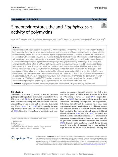 Pdf Simeprevir Restores The Anti Staphylococcus Activity Of Polymyxins