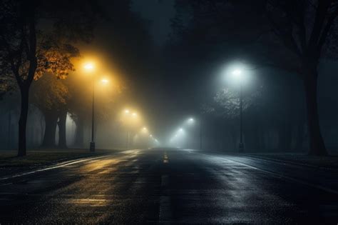 Night Road Foggy City Street Illuminated By Street Lights In Misty