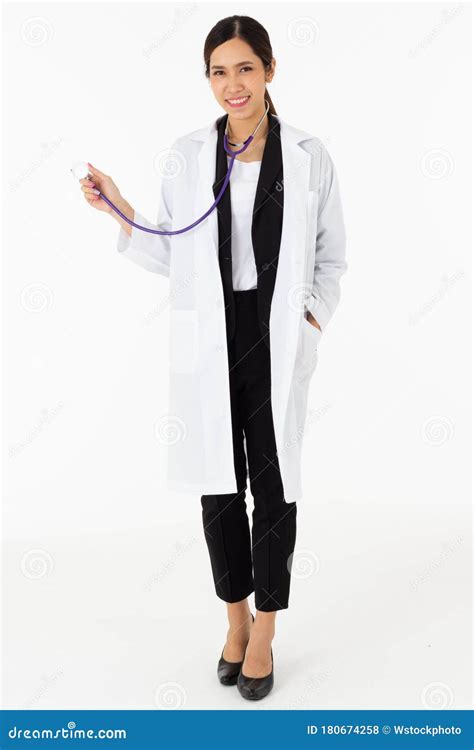 Portrait Of Asian An Attractive Young Female Doctor In White Coat About