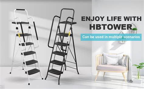 Hbtower Step Ladder With Handrail Folding Rung With Large Non Slip