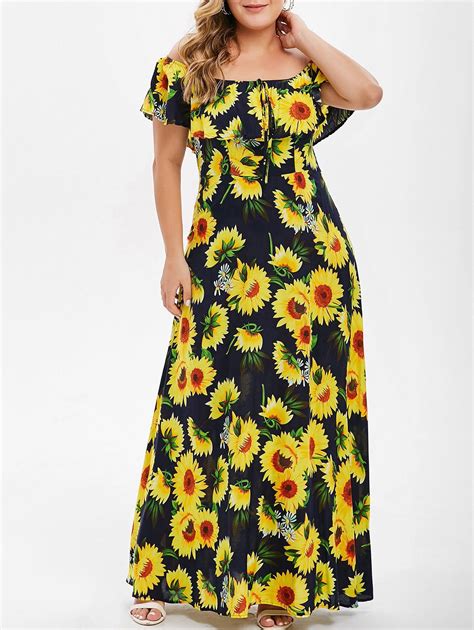 [32 Off] 2021 Plus Size Sunflower Print Flounce Dress In Dark Slate