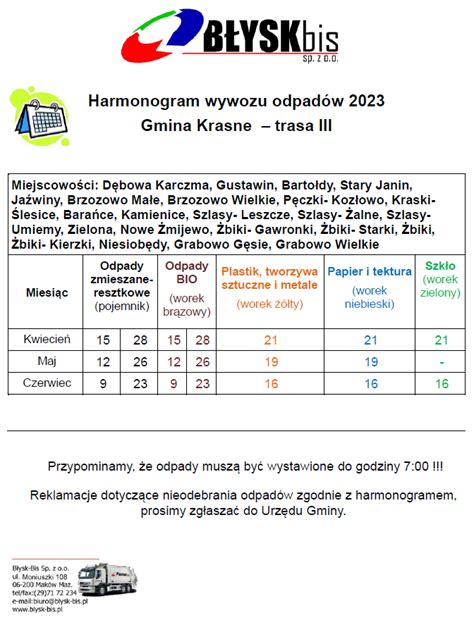 Harmonogram Odbioru Odpad W Aktualno Ci Oficjalna Strona Internetowa