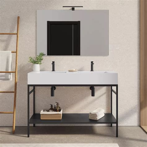 Mobile Bagno A Terra 120 Cm Nero Opaco Con Top Lavabo Doppio E Specchio