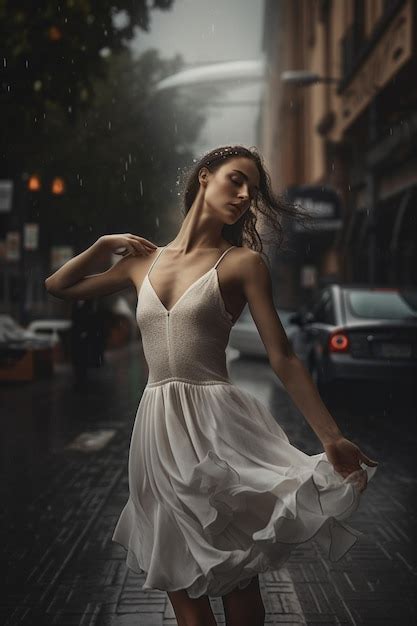 Premium AI Image | A woman in a white dress dancing in the rain