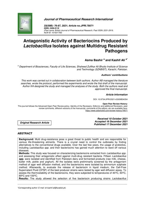 Pdf Antagonistic Activity Of Bacteriocins Produced By Lactobacillus