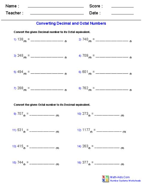 Number Systems Worksheets Dynamically Created Number Systems