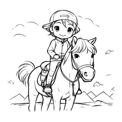 Coloring Page Outline Cartoon Girl Riding Horse Vector Illustration ...