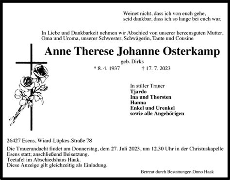 Traueranzeigen Von Anne Therese Johanne Osterkamp Nordwest Trauer De