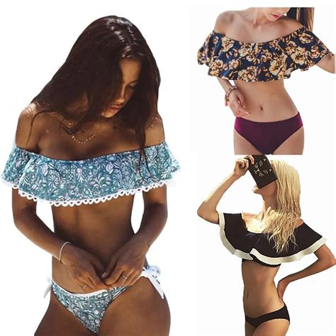 Sexy Ruffle Bikini Off Shoulder Bikinis Women Bandeau Thong Bottow