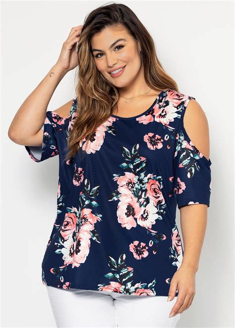 Floral Print Plus Size Cold Shoulder T Shirt Plus Size Tops Plus