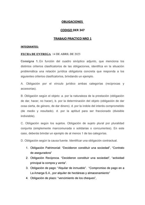 Tp 1 TRABAJO PRACTICO NRO 1 APROBADO OBLIGACIONES CODIGO DER 347