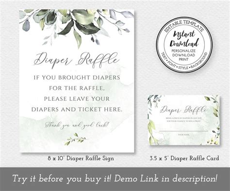 Greenery Diaper Raffle Sign And Ticket Editable Templates Gender