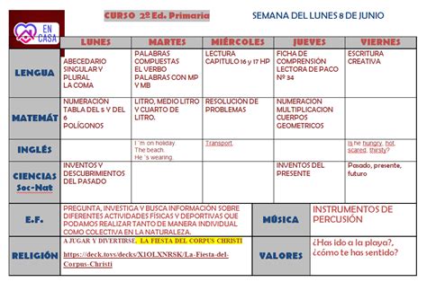 Blog de Aula de 2º de Primaria PROGRAMACIÓN SEMANAL DEL 8 AL 12 DE JUNIO