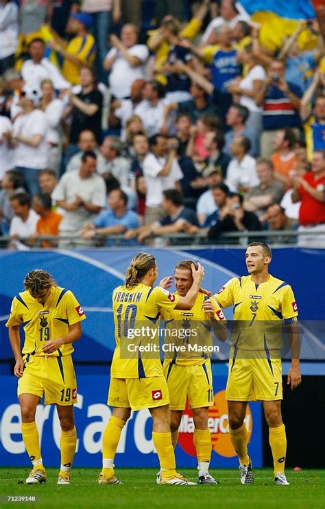 Serhiy Rebrov Of Ukraine Is Congratulated By His Team Mates After