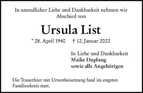 Traueranzeigen Von Ursula List Vrm Trauer De