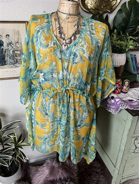 Sunflower Nwt Yellow Aqua Blue Paisley Scroll Sheer Kimono Cover Up Free Size Ebay