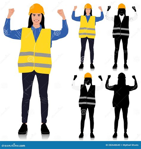 Female Construction Worker Raising Two Hands Shows Muscle Wearing