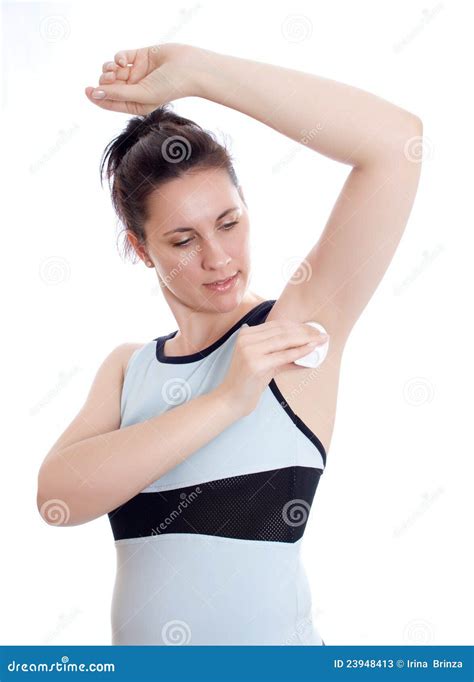 Woman Putting Deodorant On Her Armpit Stock Image Image Of Hispanic