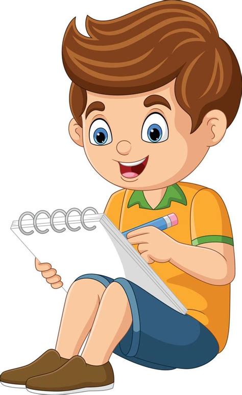 Niño Pequeño De Dibujos Animados Sentado Y Escribiendo En El Cuaderno