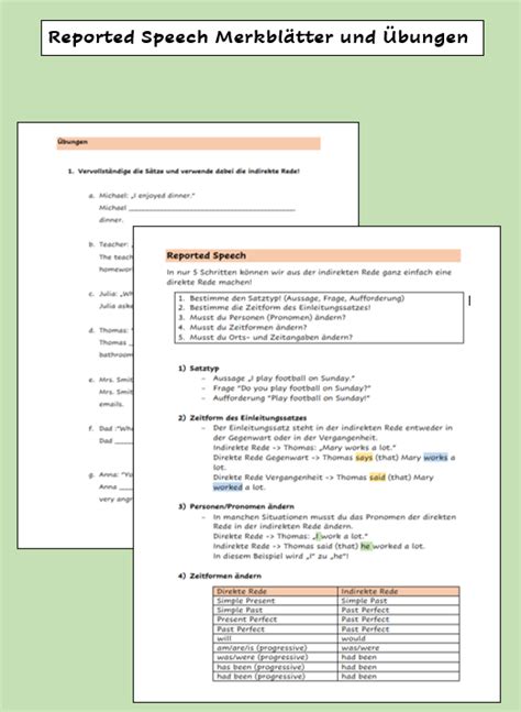 Reported Speech Erklärung Übungen