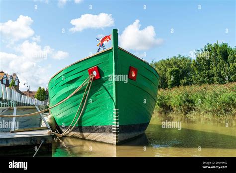 Low Angel View Of Re Constructed Medieval Wooden Cog Boat On River At